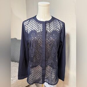 Ann Taylor Petite Navy Lace Sheer Blouse Polka Dot Mesh Long Sleeve MP